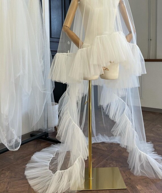 Ruffles wedding Veil  and blush, two-tiered veil with ruffles along the edge of a veil made of soft tulle, a trend of 2024
