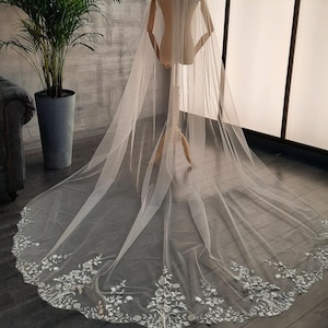 Floral Embroidered Wedding Veil with Waterfall Train