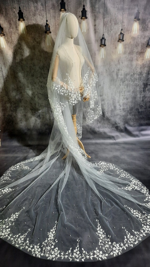 pearl veil with lace dress Pearl Bridal Veil Simple Wedding Dress With Pearl Veil Pearly Long Veil Pearl Bridal