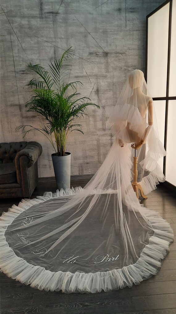 Wedding Veil ruffles and blush, Unique Veil with Ruffles and Personalized Embroidered Text - Custom Wedding Veil