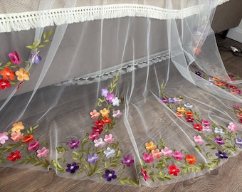 Embroidered Floral Cathedral Wedding Veil: Colorful 3D Flower Bridal Veil