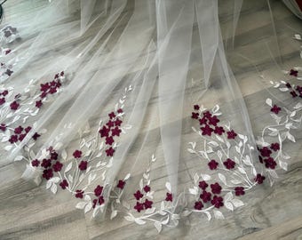 Burgundy Floral Embroidery Wedding Veil: Ivory Tulle Bridal Veil