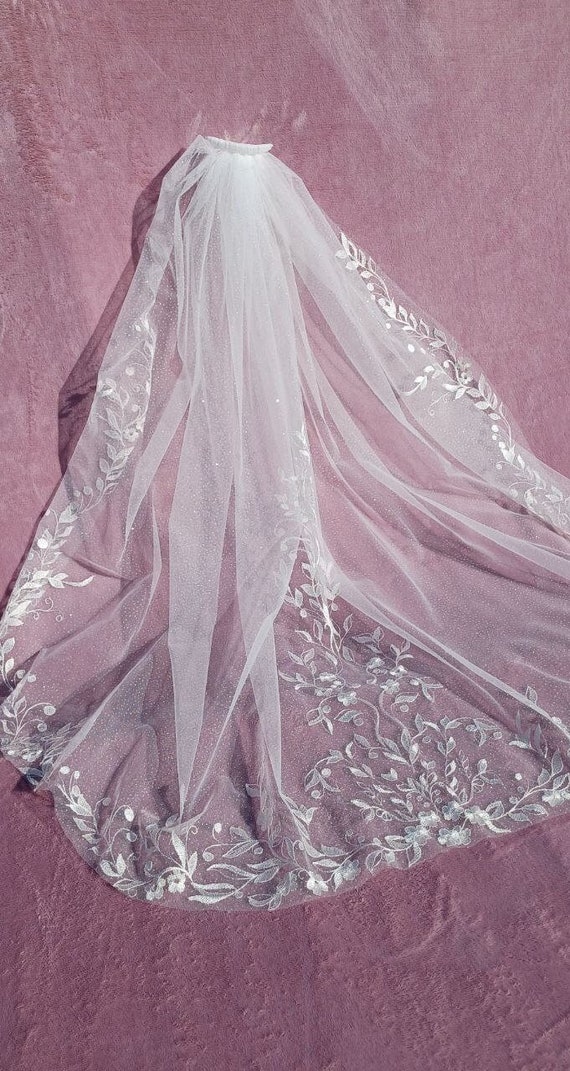 Glamorous Sparkly Veil with Delicate Embroidered Edge and Flowing Train - Stylish Wedding Veil