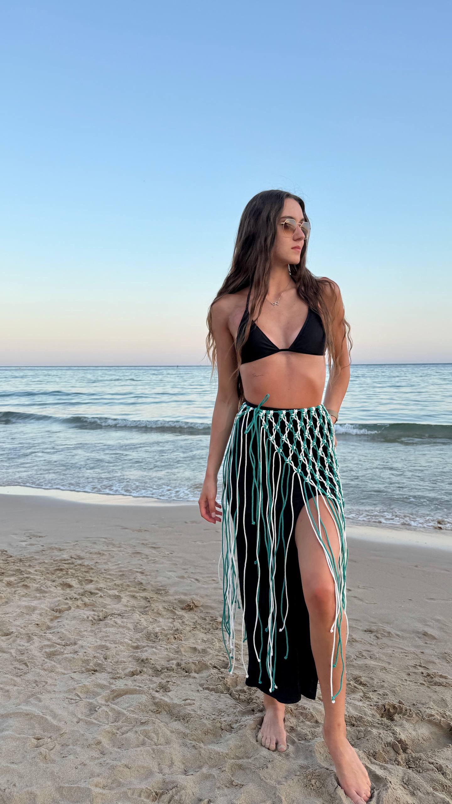 Handmade Macrame Fringe Belt – Turquoise & White Cotton  display picture 1