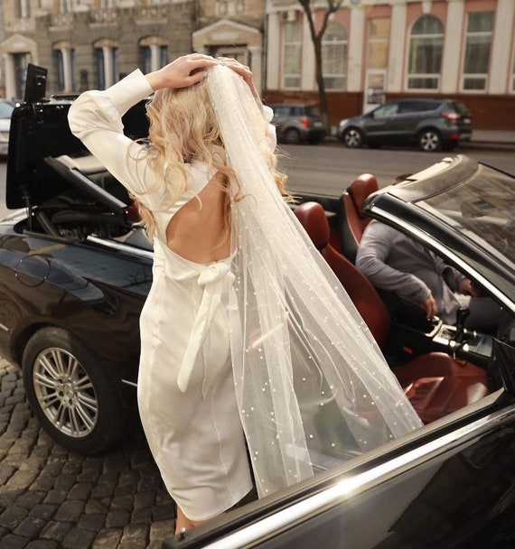 Pearl veil, Cathedral wedding veil, pearls veil are scattered along the entire length on the comb, wedding veil, long veil, soft euro mesh
