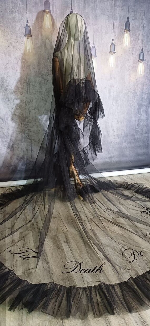 Black Veil ruffles and blush, Unique Veil with Ruffles and Personalized Embroidered Text - Custom Wedding Veil