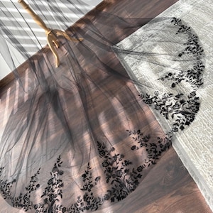 Black Floral Wedding Veil | One-Tier Veil with Black Embroidery | Dramatic Cathedral Veil | Alternative Bride Veil