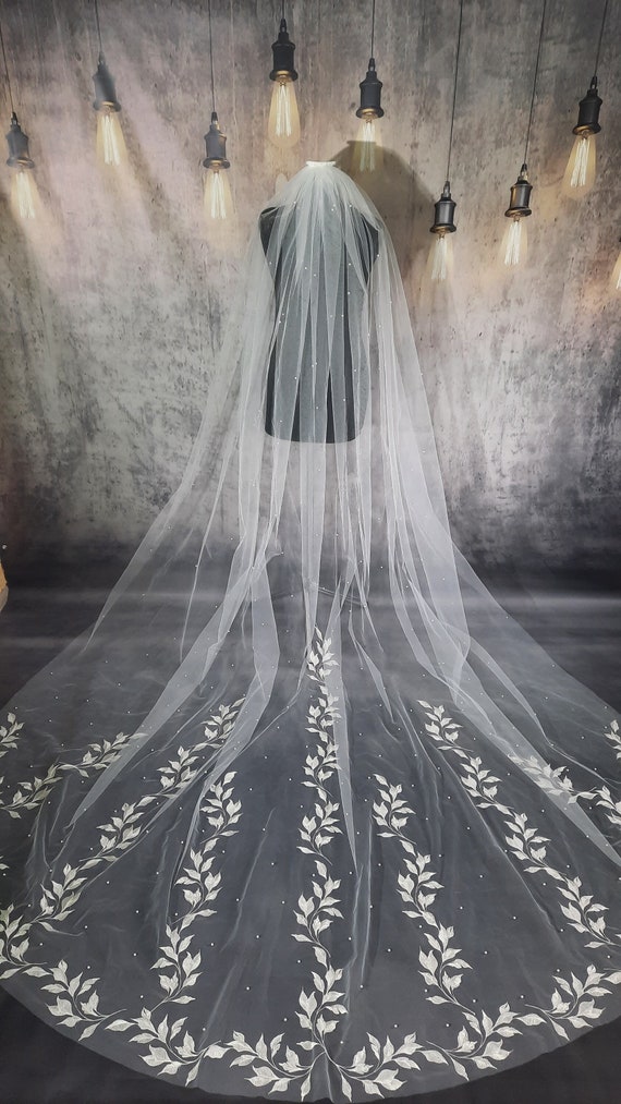 Wedding lace veil embroidery leaves with pearls, soft veils, ivory veils with comb