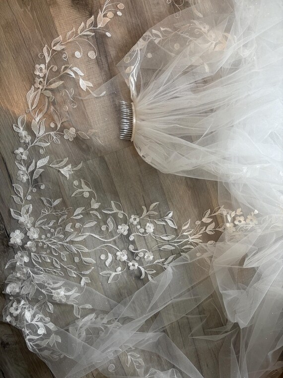 Elegant White Glittered Wedding Veil with Embroidery Elegant Ivory Wedding Veil, Fairy Embroidery Flower Veil  main image 2