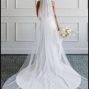 May include: A white wedding dress with a long train and a sheer veil. The bride is holding a bouquet of white roses. The dress has a fitted bodice and a flowing skirt. The veil is long and delicate.