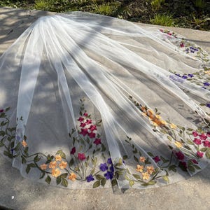 Colorful Floral Embroidered Wedding Veil | One Tier | Soft Tulle | Personalized Colors