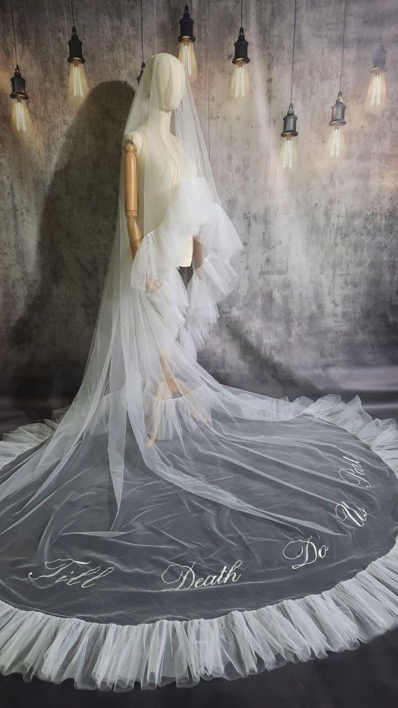 Bridal Veil ruffles and blush, Unique Veil with Ruffles and Personalized Embroidered Text - Custom Wedding Veil