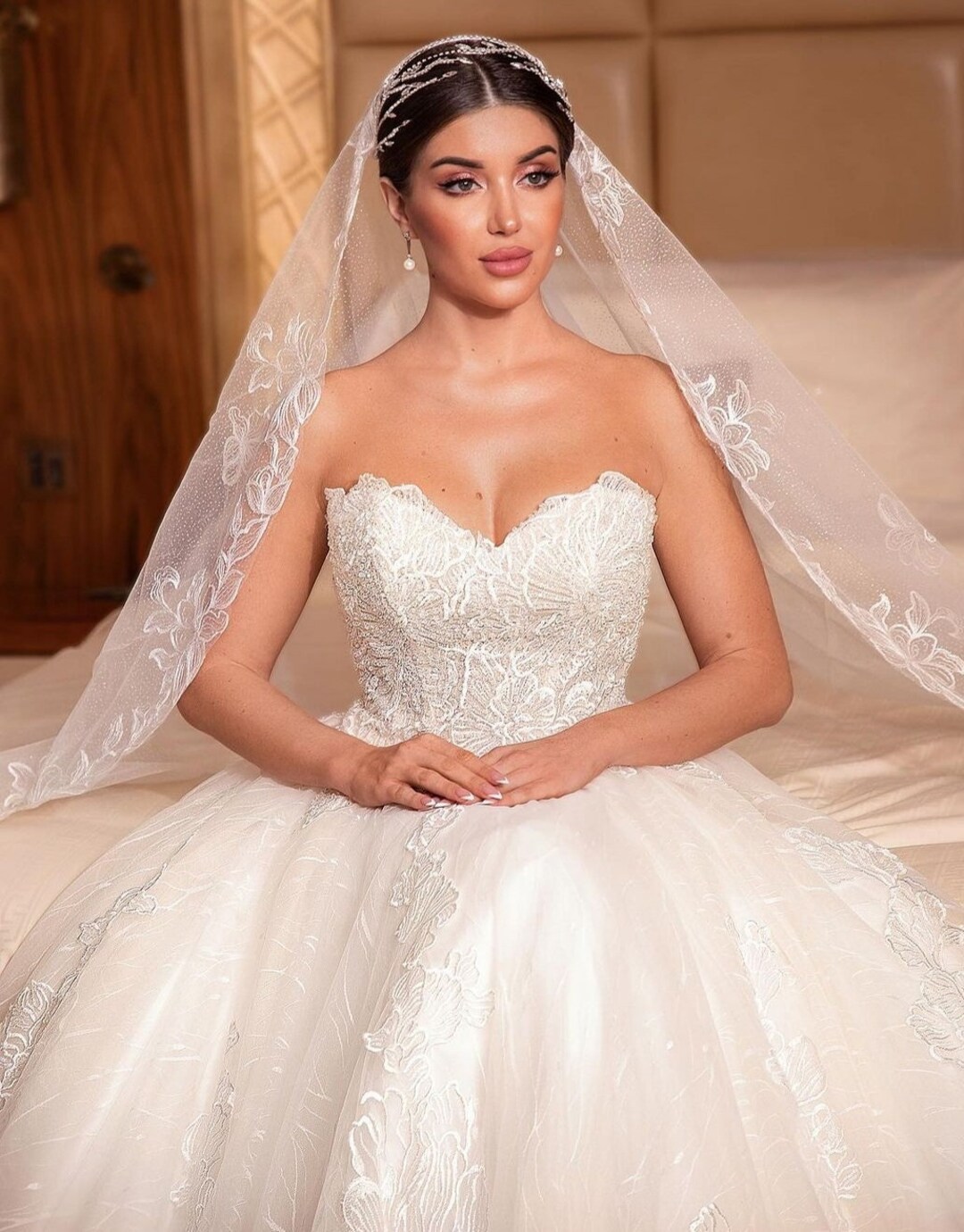 Velo scintillante di perle, velo ricamato in pizzo, velo da sposa