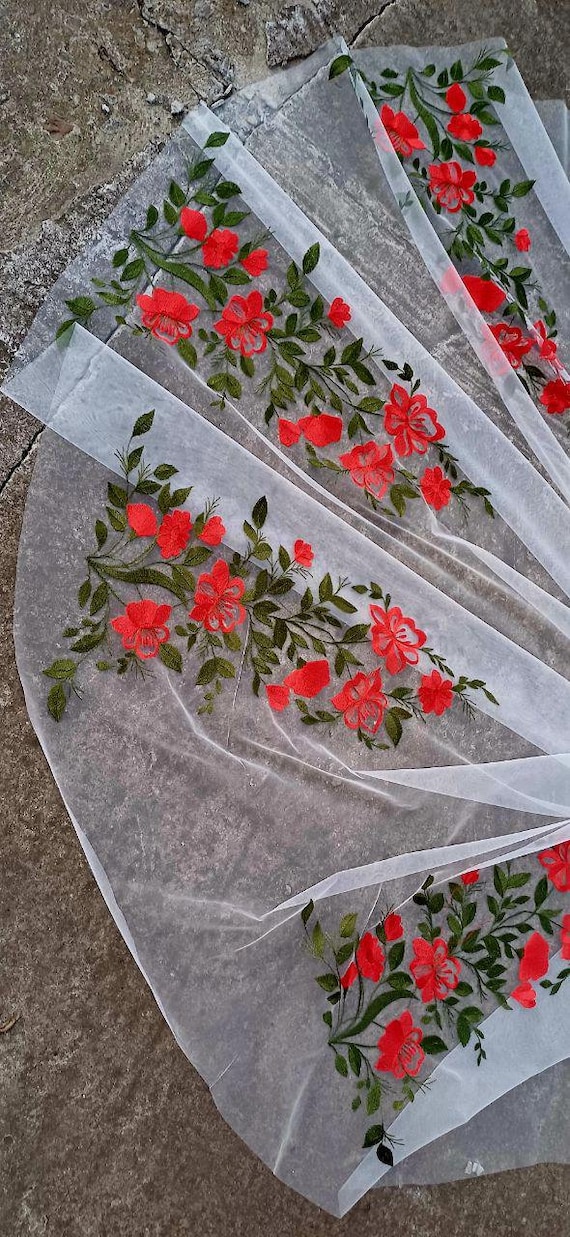Charming Green & Red Floral Train Veil - One Tier Embroidery for Special Occasions