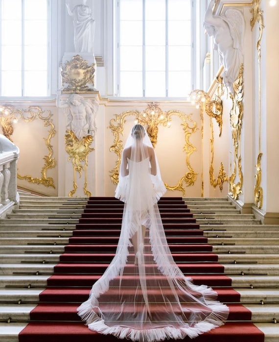 Veil ruffles and blush, two-tiered veil with ruffles along the edge of a veil made of soft tulle, a trend of 2023