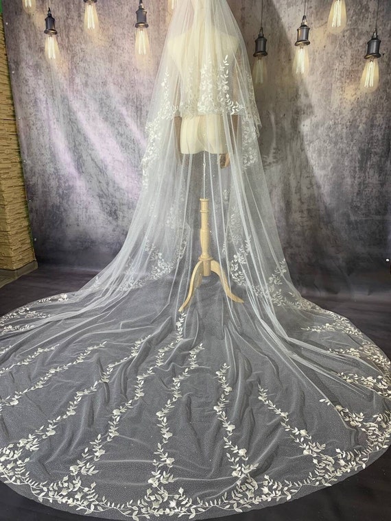 Sparkling Veil, bridal veil, glitter veil, lace embroidery veil, veil Train and Blush Veil with Two Tier Floral Embroidery on Metallic Comb