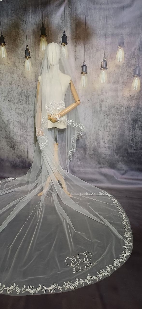 Floral Embroidered Veil with Personalization - Two Tier Bridal Veil with Comb