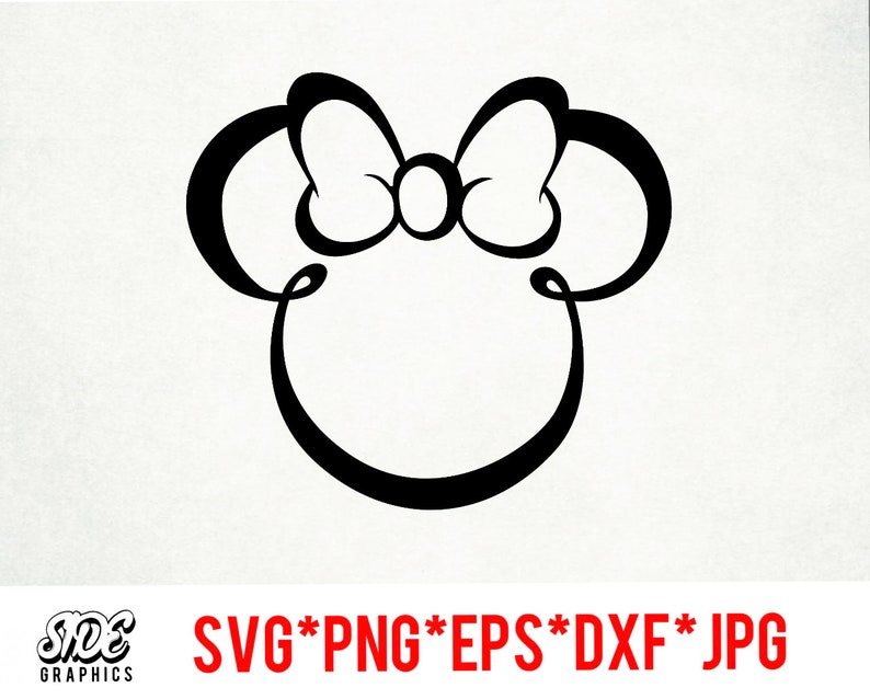 May include: Black and white silhouette of a cartoon mouse head with a bow. The mouse head is a simple outline of the ears and face, with a large bow on top.