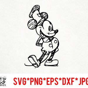 May include: A black and white line drawing of Mickey Mouse in a classic pose. He is wearing his signature red shorts and shoes.