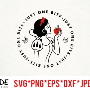 May include: Black and white line art illustration of Snow White with a red apple and birds. The text around the image reads "One Bite Just One Bite Just One Bite Just One Bite".