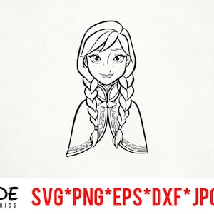 Puede incluir: Dibujo lineal en blanco y negro de un personaje de dibujos animados con trenzas, que lleva una capa con capucha. El personaje tiene una expresión sonriente. La imagen incluye el texto "SIDE GRAPHICS" y opciones de tipo de archivo: SVG*PNG*EPS*DXF*JPG.