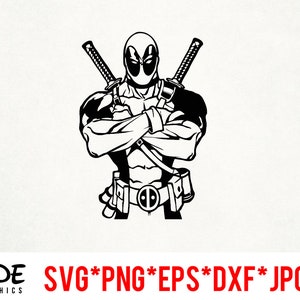 Może przedstawiać: Czarno-biała ilustracja Deadpoola, superbohatera, z skrzyżowanymi ramionami i dwoma mieczami za nim.