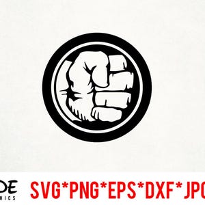 May include: Black and white illustration of a fist in a circle. The fist is clenched and the knuckles are prominent. The image is a graphic design element.