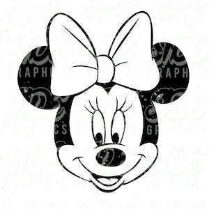 May include: Black and white illustration of a cartoon mouse with a large bow. The mouse has large eyes and a big smile.