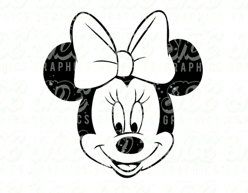 May include: Black and white illustration of a cartoon mouse with a large bow. The mouse has large eyes and a big smile.