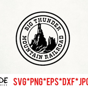 May include: Black and white graphic design of a mountain range with the text "Big Thunder Mountain Railroad" in a circle.