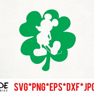 May include: A white silhouette of a cartoon mouse is centered within a bright green four-leaf clover. The image is set against a white background. Below the clover, the text "SVG*PNG*EPS*DXF*JPG" is displayed in red.