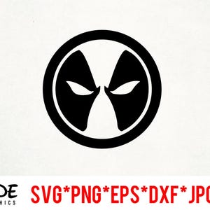 Puede incluir: Gráfico en blanco y negro de un diseño circular con una cara estilizada, dos formas de ojos y una división vertical central. El texto "SIDE GRAPHICS" está en la parte inferior izquierda y "SVG*PNG*EPS*DXF*JPG" en la parte inferior derecha.