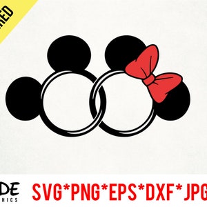 May include: Black and white graphic of two connected Mickey Mouse head silhouettes, one with a red bow. The word "LAYERED" is in a yellow banner. The text "SIDE GRAPHICS" and file type abbreviations are at the bottom.