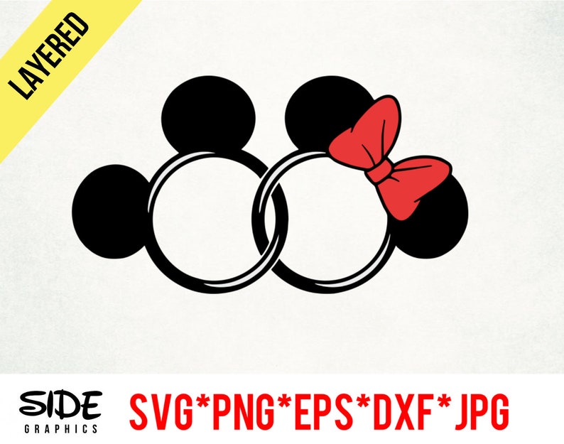 May include: Black and white graphic of two connected Mickey Mouse head silhouettes, one with a red bow. The word "LAYERED" is in a yellow banner. The text "SIDE GRAPHICS" and file type abbreviations are at the bottom.