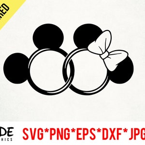 May include: Black and white layered graphic featuring two connected circular shapes, each with a black circle on top, resembling Mickey Mouse ears. One circle has a white bow. The image includes the text "LAYERED" and "SIDE GRAPHICS" with file type options.