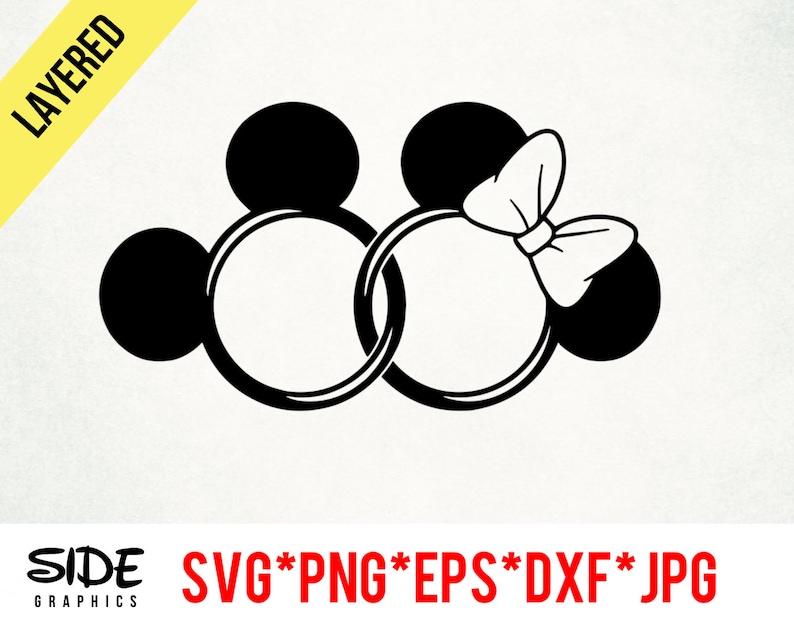 May include: Black and white layered graphic featuring two connected circular shapes, each with a black circle on top, resembling Mickey Mouse ears. One circle has a white bow. The image includes the text "LAYERED" and "SIDE GRAPHICS" with file type options.