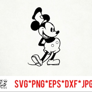 May include: Black and white cartoon illustration of Mickey Mouse in a classic pose, smiling and looking to the side. He is wearing white shorts, shoes, and gloves. The image includes the text "SVG*PNG*EPS*DXF*JPG" and the "SIDE GRAPHICS" logo.