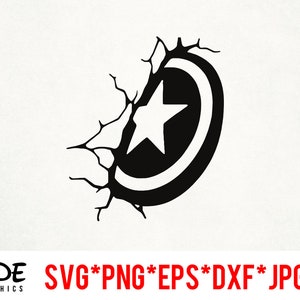 May include: Black and white silhouette of a cracked wall with a red, white, and blue star inside a circle, resembling a superhero's shield.