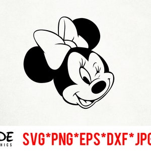 May include: Black and white silhouette of a cartoon mouse with a large bow. The mouse is winking and has a big smile.