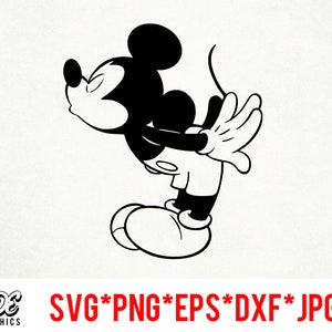 Puede incluir: Ilustración en blanco y negro de Mickey Mouse en una pose clásica, con los ojos cerrados y los brazos extendidos. La imagen incluye el texto "SVG*PNG*EPS*DXF*JPG" y el logotipo "SDE GRAPHICS".