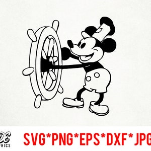 May include: Black and white illustration of Mickey Mouse wearing a captain's hat and holding a ship's wheel.