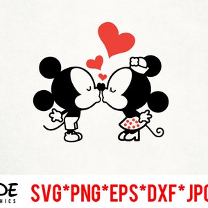 Mickey Minnie besando descarga instantánea de archivos digitales svg, png, eps, jpg y dxf clip art para silueta cricut y otro software de corte