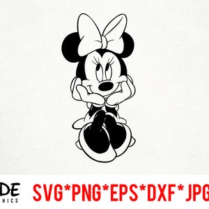 May include: Black and white graphic of Minnie Mouse, seated with her chin resting on her hands. She wears a large bow and a dress. The image includes the text "SIDE GRAPHICS" and file type options: SVG*PNG*EPS*DXF*JPG.