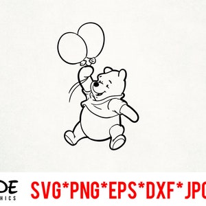 Pooh Bear ballonnen instant download digitaal bestand svg, png, eps, jpg en dxf illustraties voor cricut silhouet en andere snijsoftware
