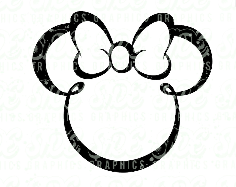 May include: Black and white outline of a stylized Mickey Mouse silhouette with a large bow.