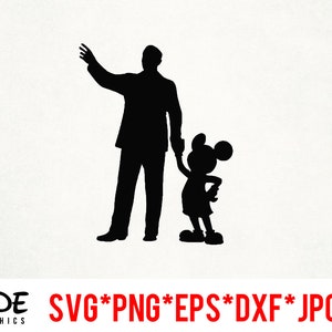 May include: Black silhouette of a man and Mickey Mouse walking side by side. The man is wearing a suit and Mickey Mouse is wearing his signature shorts and gloves.