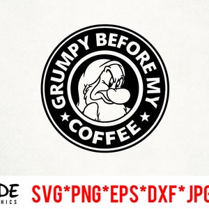 Puede incluir: Ilustración en blanco y negro de un personaje de dibujos animados gruñón con el texto "Grumpy Before My Coffee" en un círculo.