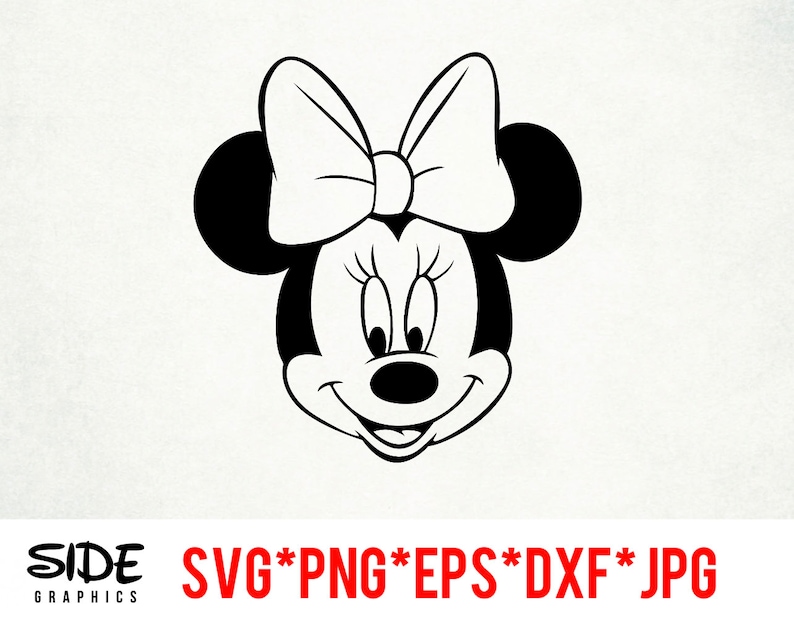 May include: Black and white silhouette of a cartoon mouse with a large bow. The mouse has a big smile and large eyes.
