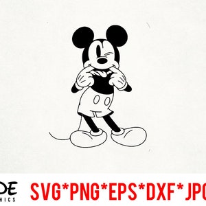 May include: Black and white illustration of Mickey Mouse, smiling and touching his face. Mickey Mouse is wearing white gloves, shorts, and shoes. The image includes the text "SIDE GRAPHICS" and file type options: SVG*PNG*EPS*DXF*JPG.