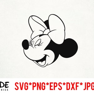 May include: A black and white graphic of Minnie Mouse's face, smiling with closed eyes and a large bow. The image includes the text "SVG*PNG*EPS*DXF*JPG" and the Side Graphics logo.